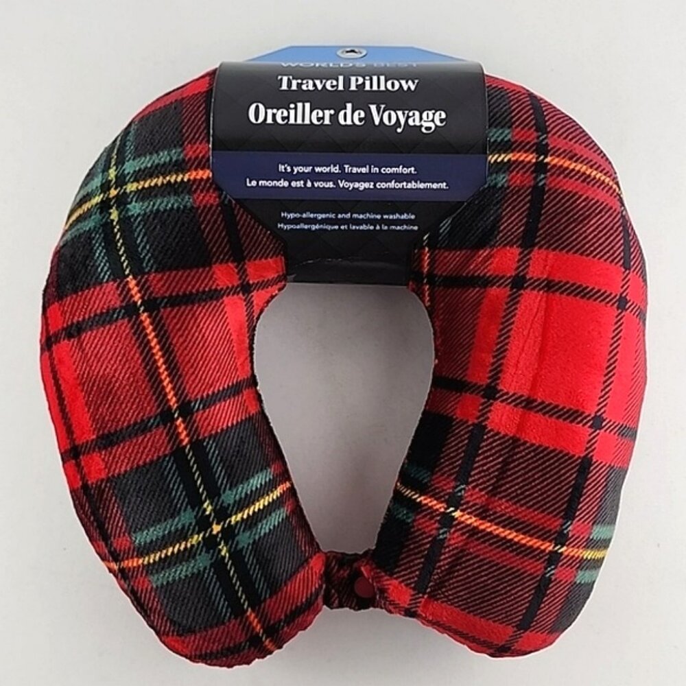 World's Best Soft Memory Foam Red Tartan Plaid Travel Neck Pillow Hypoallergenic